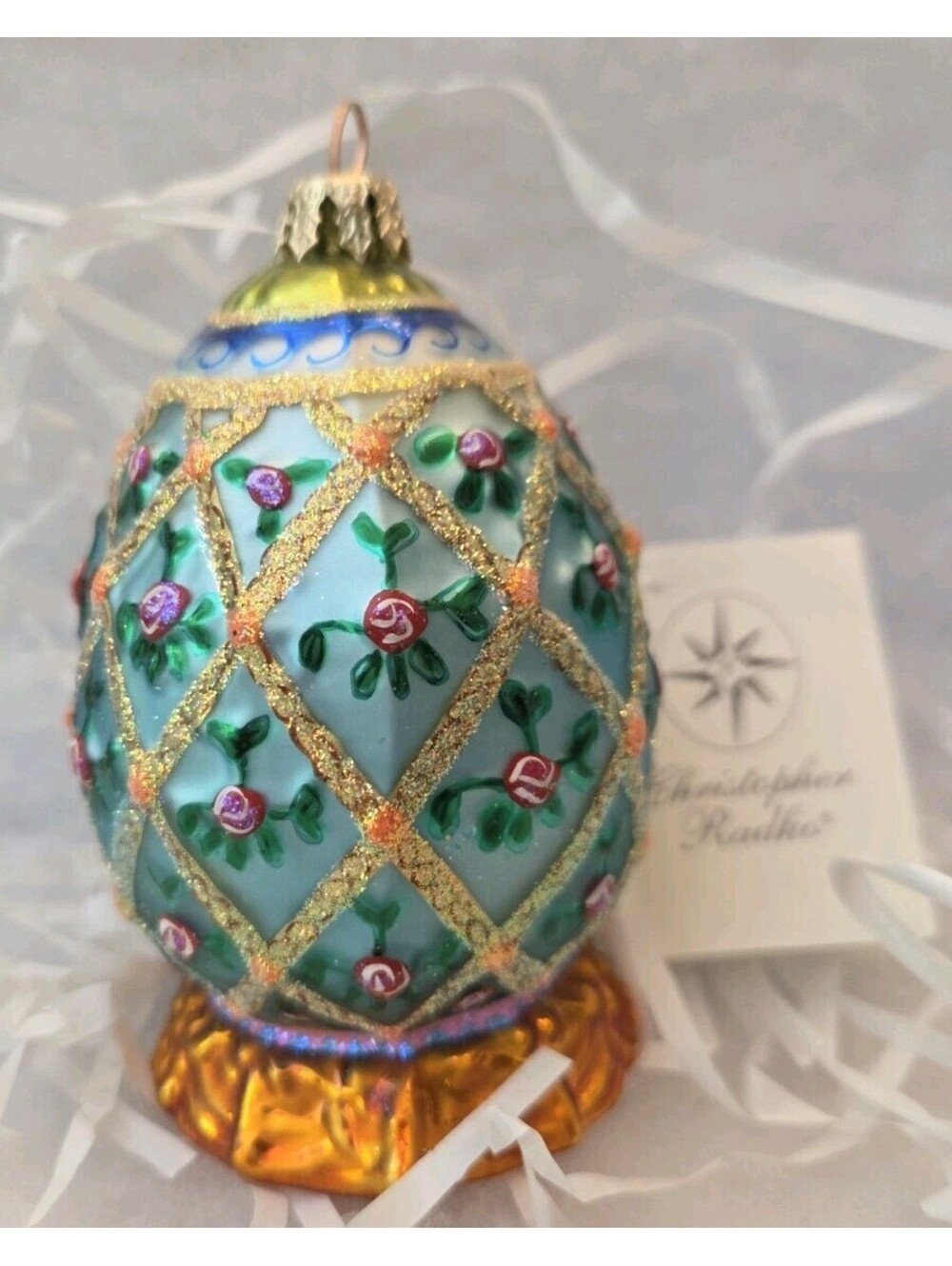 Radko FABERGE Gilded Rose Blossom Egg Easter/Christmas Ornament 5", Mint w/Tag